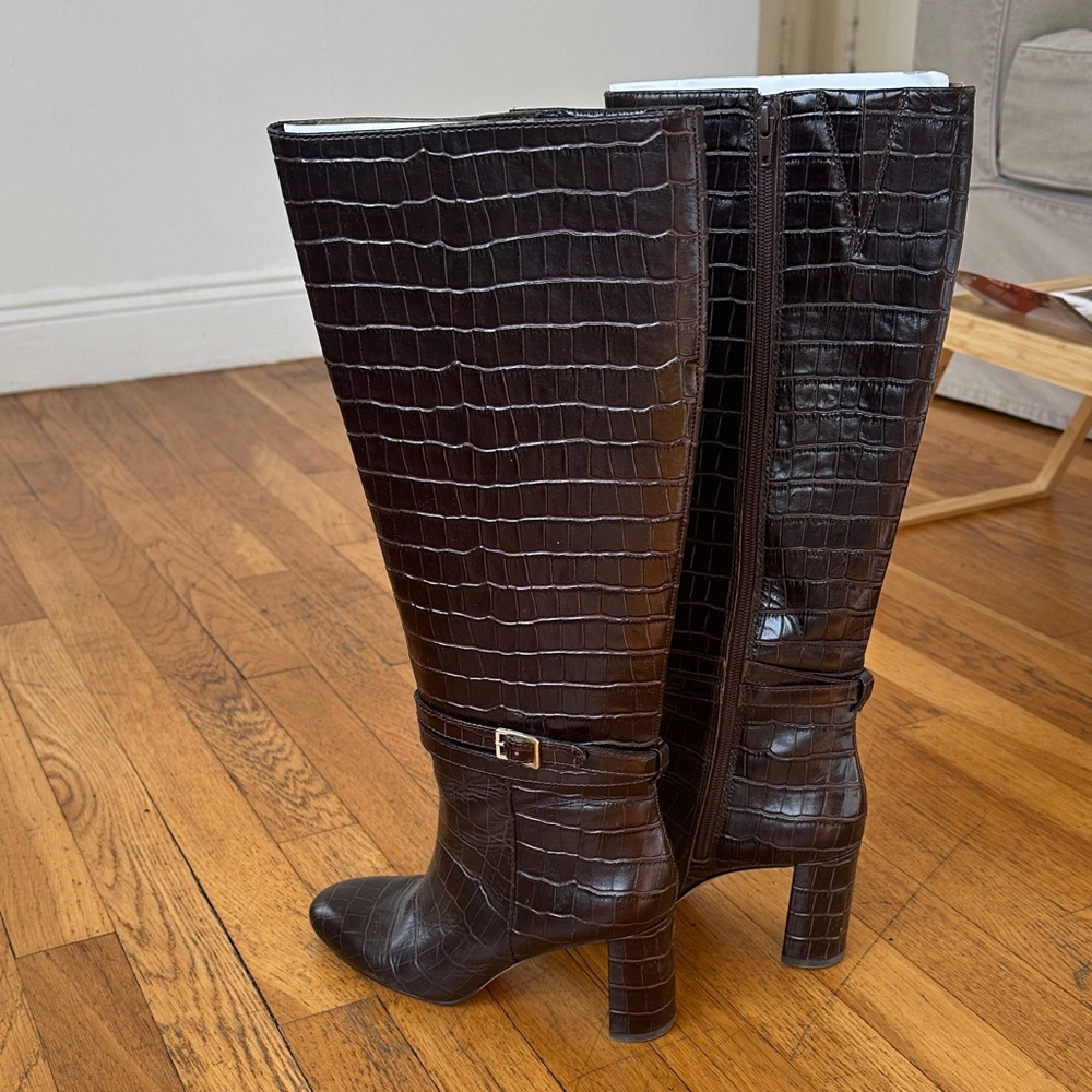 Leather Croc-Embossed Knee Boots - Dark Brown